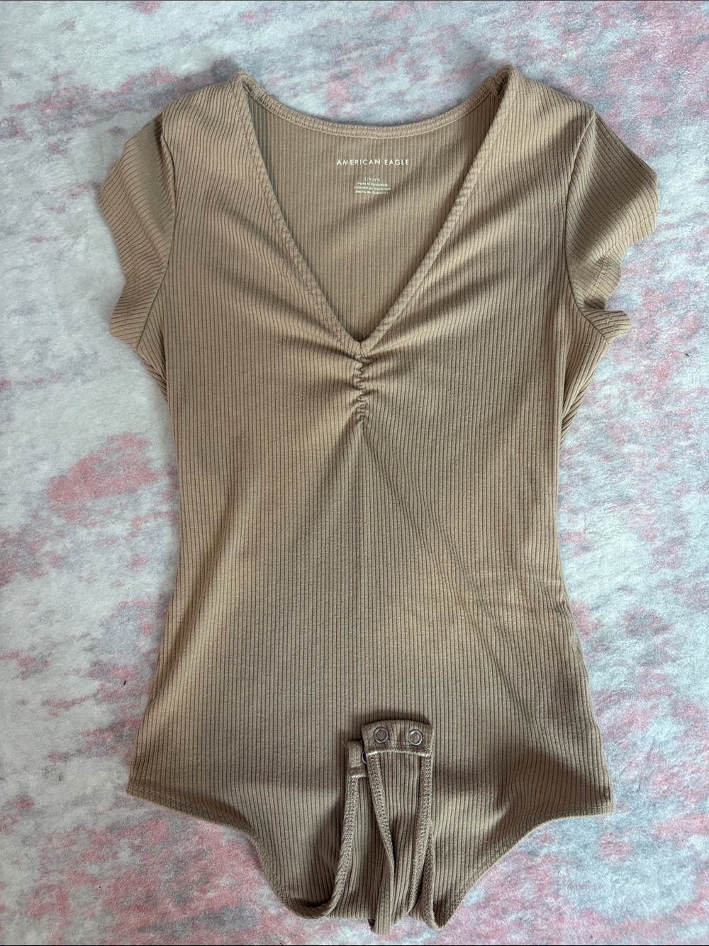 American Eagle Outfitters Tan Ribbed V-Neck Short Sleeve Bodysuit